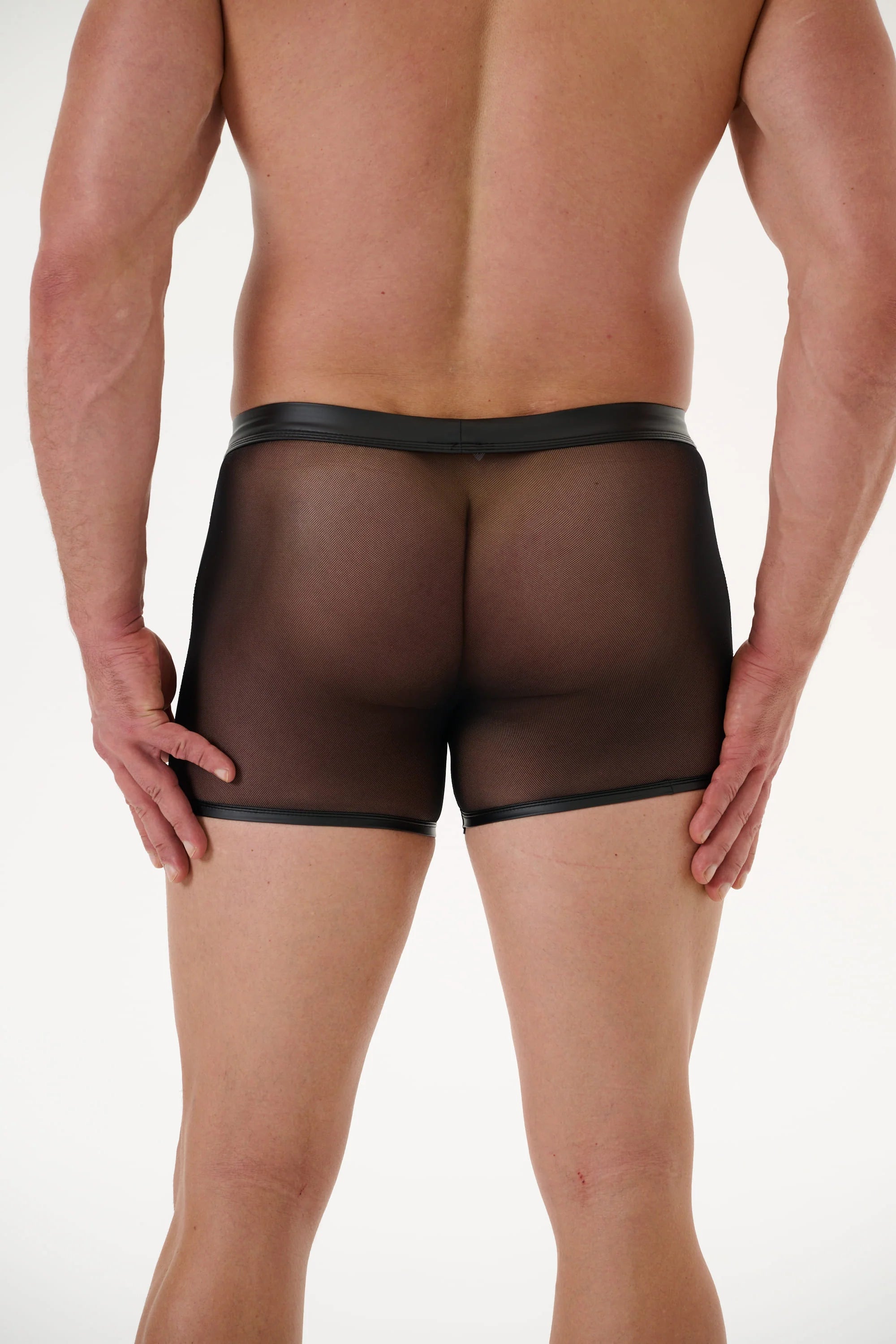 Low-rise hollow patent leather mesh boxer briefs