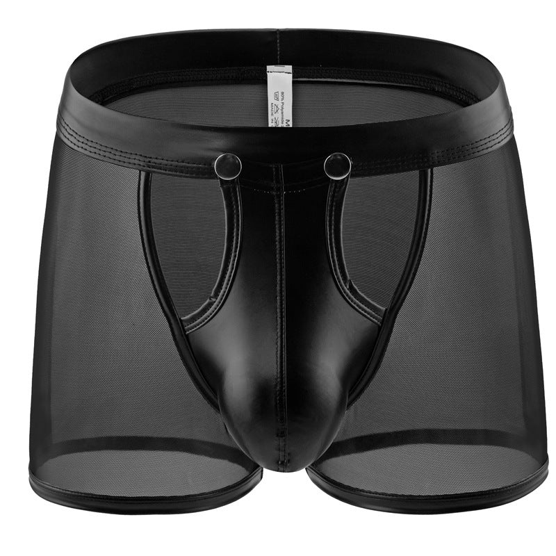 Low-rise hollow patent leather mesh boxer briefs